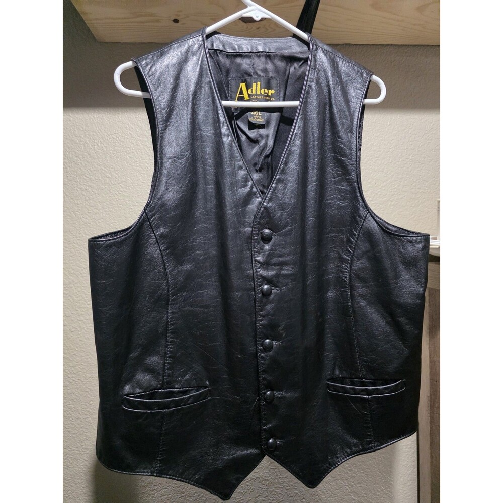 Authentic Adler Black Cabretta Leather Vest Men's 46L Western Biker Moto Button